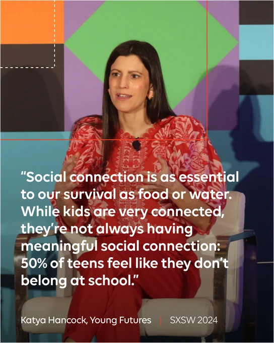 Katya Hancock of Young Futures speaking on our #SXSW2024 panel: "Social connection is as essential to our survival as food or water. While kids are very connected, they're not always having meaningful social connection: 50% of teens feel like they don't belong at school." 