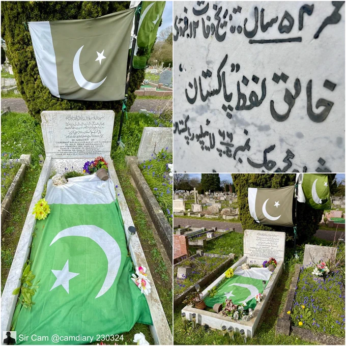 Cambridge, 23 March 2024. The grave of Choudhary Rahmat Ali, the Cambridge University law student who invented the name Pakistan in 1933. Photo montage shows the  country’s green and white flag draped over the grave.