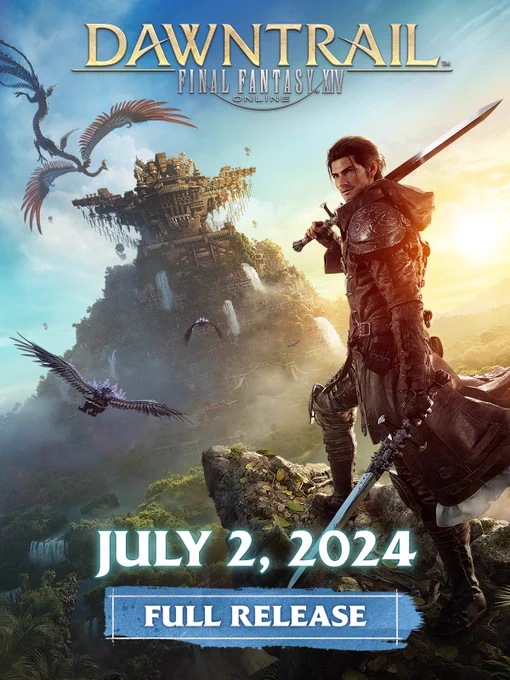 Final Fantasy 14: Dawntrail full release set for July 2, 2024. In the background the Warrior of Light is standing on the edge of a cliff overlooking a tropical forest at dawn. The city-state Tuliyollal can be seen far on the horizon.