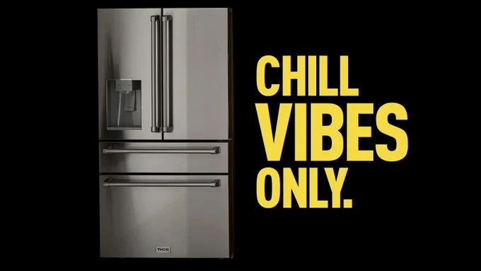 [text] "Chill vibes only." next to picture of a fridge. 