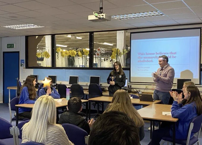 Ella Quinn and Marcus Flucker presenting a Power Point for S1s from Monifieth and Forfar
