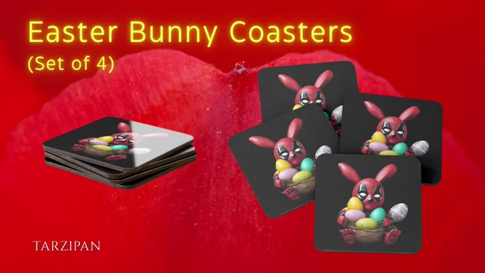 Eastern Bunny - Tarzipan Various Lover

Set of 4 coasters keeps your surfaces dry and looking fabulous
Lightweight MDF with glossy finish, printed for you when you order
Cork backing doesn't scratch surfaces
Each coaster is 3.75” x 3.75" (9.5 x 9.5 cm)
Suitable for hot drinks, cold drinks, lukewarm drinks, whatever