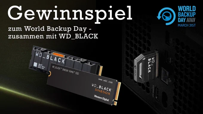 Bild zu einem Gewinnspiel. Der Text lautet "Gewinnspiel zum World Backup Day zusammen mit WD_BLACK". Auf dem Bild sind verschiedene SSDs zu sehen. Rechts ist das Logo des Word Backup Day zu sehen. 