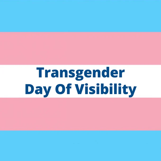 Trans flag in the background, blue text in the middle reads 'Transgender Day of Visibility'