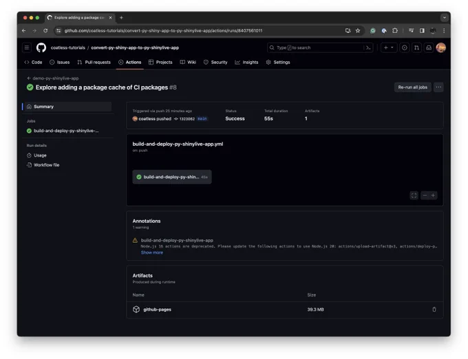 A screenshot showing the summary page for the GitHub actions worker that converted the Shiny for Python app into a Python Shinylive app and then deployed it to the repository's GitHub Pages website automatically. 

Note, that the compressed size of the application is about 39.3 MB.