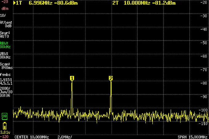 A capture from the tinySA spectrum analyzer. Above the baseline noise two very clear peaks are present, and their frequency is shown up top: Peak 1: 6.996Mhz, Peak 2: 10.00 Mhz