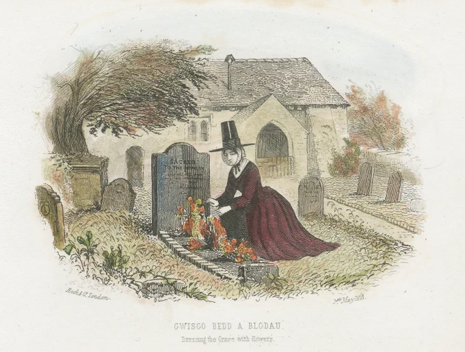 A drawing titled Gwisgo Bedd a Blodau, depicting  a woman in traditional Welsh dress laying flowers on a grave.