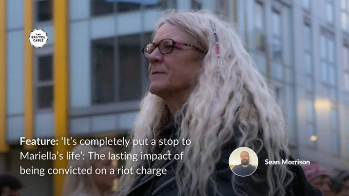 A protester in the street. There is a tower office block and people behind them. Text reads "Feature: It's completely put a stop to Mariella's life: The lasting impact of being convicted on a riot charge"