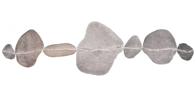 Illustration of a chain of stones in varying tones of gray and brown, each with a similar light-colored line through the center and lined up to resemble a connection of lines.