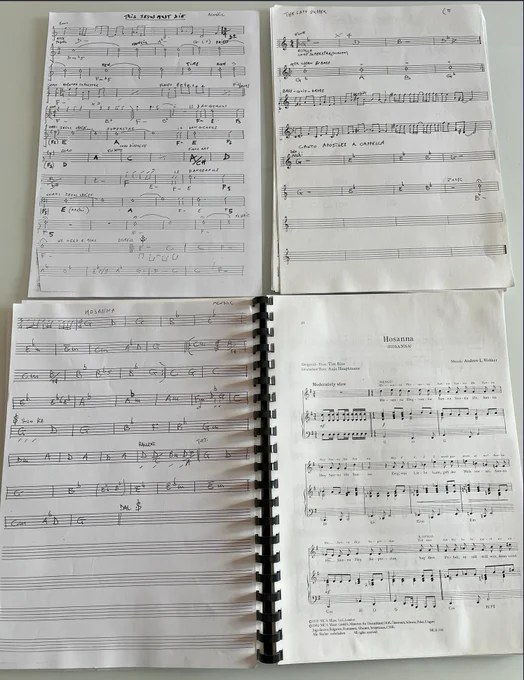 Sheet music and handwritten musical notation / chords for songs from "Jesus Christ Superstar"