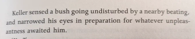 "Keller sensed a bush going undisturbed by a nearby beating, and narrowed his eyes in preparation for whatever unpleasantness awaited him."