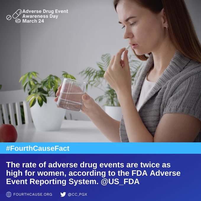 The rate of adverse drug events are twice as high for women, according
to the FDA Adverse Event Reporting System. @US_FDA #fourthcause