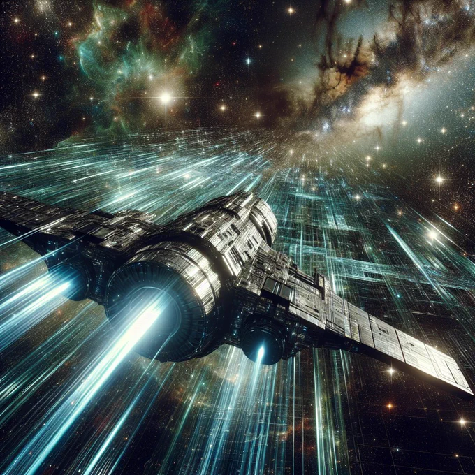 Prompt: A spaceship traveling in space