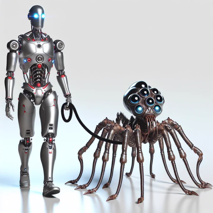 Prompt: A humanoid robot leading an arachnoid alien on a leash
