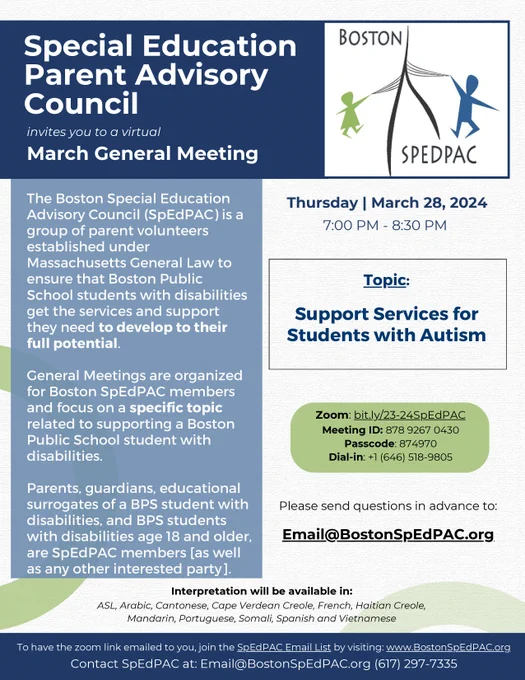 SPEDPAC March 28  Zoom mtg 7p on Services and Supports for Autism: bit.ly/23-24SpEdPAC