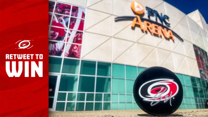 Photo of an autographed Seth Jarvis puck promoting a RT to win 