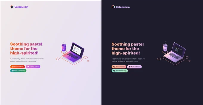 Left half: Catppuccin website landing page in light mode showing laptop, coffee mug, and geometric shapes

Right half: Catppuccin website landing page in dark mode showing laptop, coffee mug, and geometric shapes