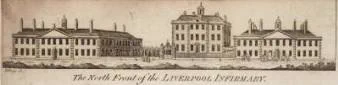 A drawing of the first Liverpool Infirmary Hospital. It was the first permanent building at that location on the outskirts of the town's boundaries, where St George's Hall now stands. It was three floors and had 30 beds.