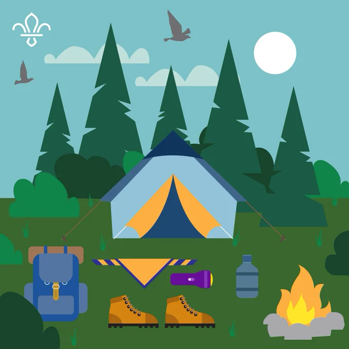 Illustrated scene: blue sky with white moon, two birds flying in the sky, tent, boots facing right, campfire, rucksack, water bottle, necker, campfire and five trees