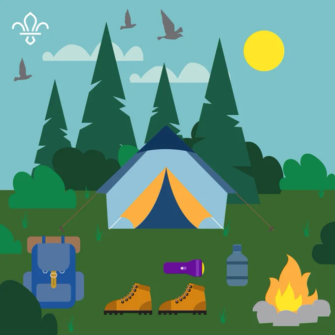 Illustrated camp scene: blue sky with yellow sun, three birds flying in the sky, tent, boots facing left, campfire, rucksack, water bottle, camp fire and four trees.