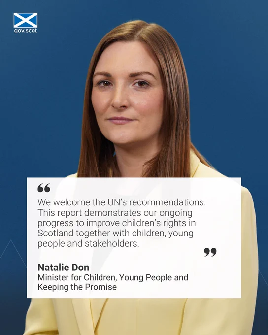 Photo of Children's Minister Natalie Don with the quote: "We welcome the UN's recommendations. This report demonstrates our ongoing progress to improve children's rights in Scotland together with children, young people and stakeholders."