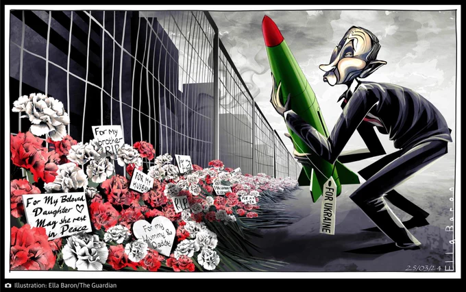 Outside the Crocus in Moscow, flowers dedicated to victims with cards entitled: "For my Dad", "For my Daughter" etc. Putin is seen piously laying down a missile with a tag entitled, "For Ukraine".