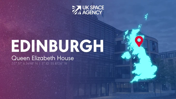 UK Space Agency.

Edinburgh.

Queen Elizabeth House.

(coordinates of office location).

(Graphic of pin in UK map showing office location.)