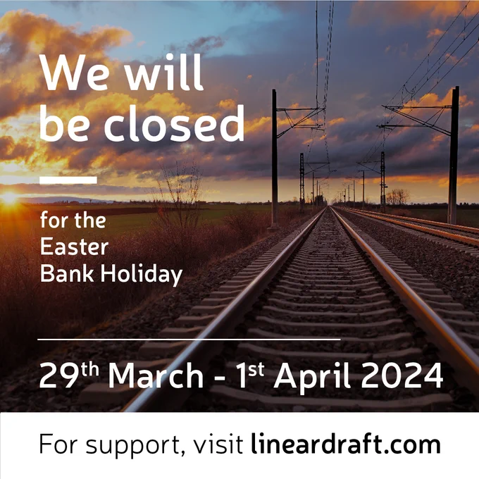 We will be closed for the Easter Bank Holiday, 29th March - 1st April 2024. A sunset over an electrified railway.