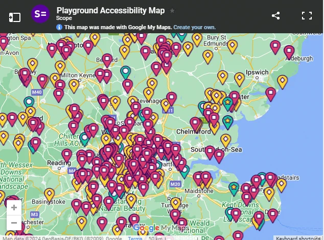 Screenshot of a google maps overlay that shows the location of playgrounds that have information about accessibility completed by families