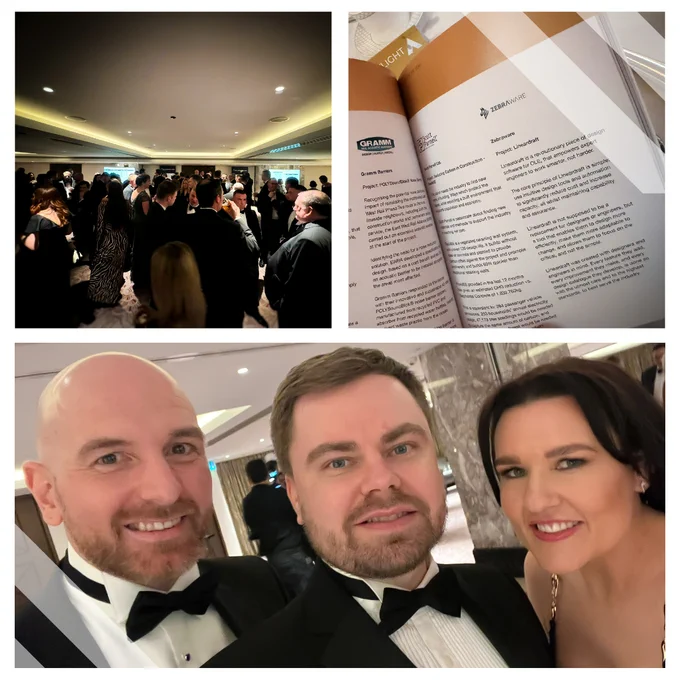 The Zebraware team attending the SPOTLIGHT Rail Awards 2024. Top left: Wide shot of the reception room at the awards. Top Right: The awards brochure showing Zebraware's nomination for 'Product of the Year'. Bottom: Our team at the awards.