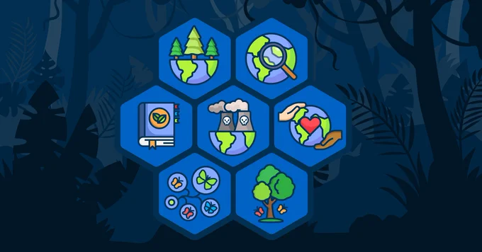 Against a background of trees in the forest, seven small hexagons contain nature-themed illustrations, such as the earth globe, trees and butterflies.