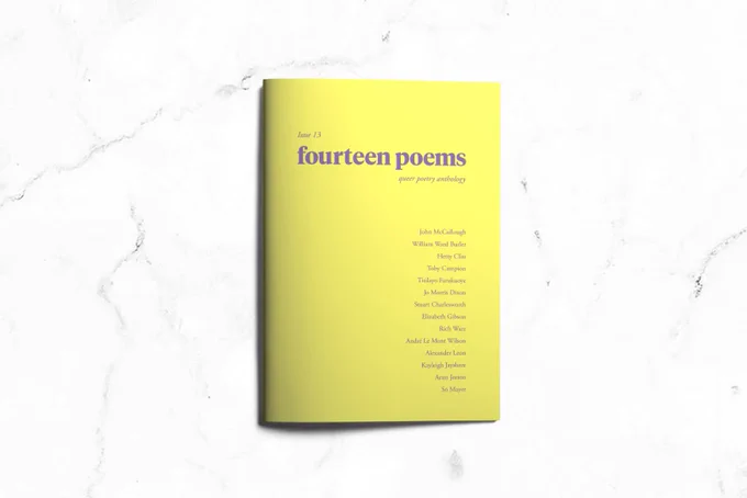Cover of issue 13 of fourteen poems which is lime with purple writing, on a white background.