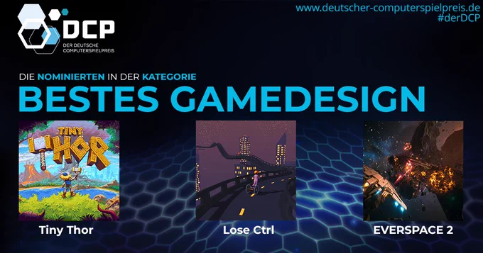Eine Grafik mit Bildern der drei Nominierten in der Kategorie "Bestes Gamedesign": Tiny Thor, Lose CTRL und EVERSPACE 2.