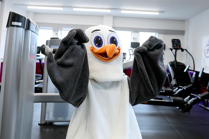 Picture shows A very excited Steven the seagull, NESCol Students' Association mascot, in the city campus gym