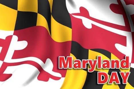 Maryland flag with the words Maryland Day in red letters on bottom right hand side.
