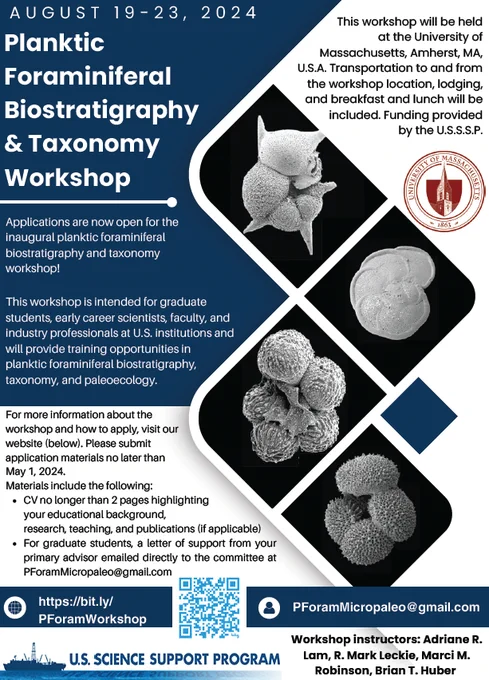 Flier that has four species of planktic foraminifera on it, with text that has more information about the workshop and application process. Please see the website for more details that match the text on the flier. 
