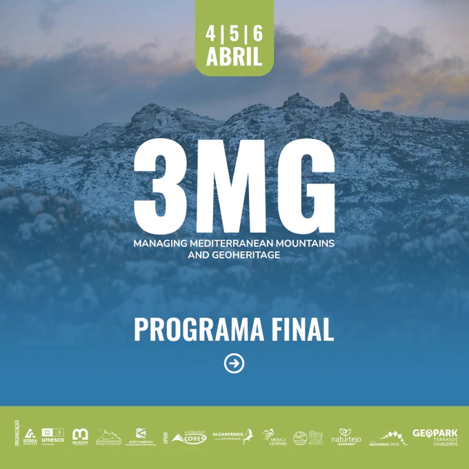 🇵🇹 Apresentamos o programa final da 3MG | 3ª Conferência - Montanhas Mediterrânicas e Património Geológico, que irá decorrer nos dias 4, 5 e 6 de abril no Estrela Geopark, em Belmonte. Será uma oportunidade para debater a temática das Alterações Climáticas e os seus Impactes na gestão florestal e no património natural. Durante 3 dias o Estrela Geopark será o ponto de encontro para professores de todo o país, onde a Estrela será o nosso laboratório vivo.

🇬🇧 We present the final programme for the 3MG | 3rd Conference - Mediterranean Mountains and Geological Heritage, which will take place on 4, 5 and 6 April at Estrela Geopark in Belmonte. It will be an opportunity to debate climate change and its impact on forest management and natural heritage. For three days Estrela Geopark will be the meeting point for teachers from all over the country, where Estrela will be our living laboratory.
