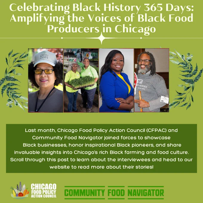 Green background with 4 rectangle horizontal pictures of Black farmers and food producers. Light and dark green leaves adorn each side of the 4 images. Title light green text reads, “Celebrating Black History 365 Days: Amplifying the Voices of Black Food Producers in Chicago.” A paragraph of light green text, “Last month, Chicago Food Policy Action Council  and Community Food Navigator joined forces to showcase Black businesses, honor inspirational Black pioneers, and share invaluable insights into Chicago’s rich Black farming and food culture. Scroll through this post to learn about the interviewees and head to our website to read more about their stories!” In the bottom left corner is the Chicago Food Policy Action Council logo, which features a mixture of vegetables in a bowl alongside the Chicago skyline and in the bottom right corner is the Community Food Navigator logo which features green text that reads, Community Food Navigator with two green horizontal line above and below fr