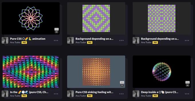Screenshot of a bunch of such demos animating custom properties in my CodePen profile.