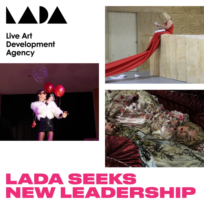 Promotional collage featuring three photos from performances, LADA’s logo, and the text ‘LADA seeks new leadership’ with pink font on a white background