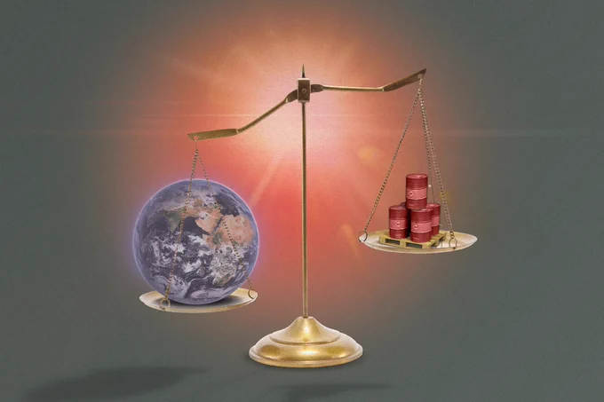 Earth and toxic chemicals on a balance scale