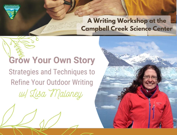 Event information with a woman in a red coat posing in front of a glacier and a second photo of two hands writing in a journal.   Photo by L. Maloney.  

 