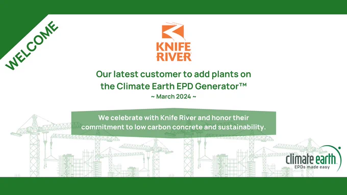 Graphic announcing Knife River's integration into the EPD Generator, showcasing their commitment to low carbon concrete and sustainability.