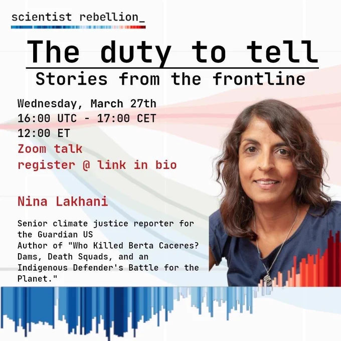 Nina Lakhani pictured. The background image shows the emissions trajectories we are on and the ones we needed to be on to reach the Paris agreement goals. The disparity is insurmountable. The climate warming stripes are in the foreground.

Nina is the Senior climate justice reporter for the Guardian US. She has reported from more than a dozen countries including seven years covering Mexico and Central America as a freelancer. She is the author of Who Killed Berta Caceres? Dams, Death Squads, and an Indigenous Defender's Battle for the Planet. Before journalism Nina was a mental health nurse.
