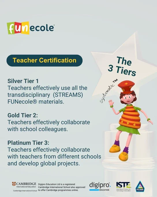Webinars, workshops, and seminars are your key to unlocking the next level of FUNecole® mastery, EdTech expertise, and global collaboration.

✔ 𝐒𝐢𝐥𝐯𝐞𝐫 𝐓𝐢𝐞𝐫: Teaching like a rockstar! You'll seamlessly integrate FUNecole® materials, engaging students in exciting transdisciplinary learning (through STREAMS projects!).
✔ 𝐆𝐨𝐥𝐝 𝐓𝐢𝐞𝐫: Become a classroom collaboration guru! Work hand-in-hand with colleagues to create a school-wide innovation powerhouse.
✔ 𝐏𝐥𝐚𝐭𝐢𝐧𝐮𝐦 𝐓𝐢𝐞𝐫: Go global! Connect with educators worldwide, co-creating next-level, impactful projects that inspire students everywhere.

These events are your launchpad! Gain access to the latest EdTech tools and strategies to transform your classroom and supercharge your teaching.

#education #educational #edtech #edtechchat #parents #teachers #schools #primaryschool #PrimaryEducation #streams #educationmatters #revolution #global #computing #robotics #cyprus #digiproeducation #FUNecole #funecole