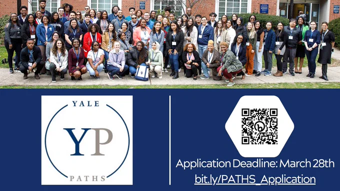 Image of the entire PATHS 2021 chohort outside for a group photo. A QR code for the PATHS application along with link the PATHS website. bit.ly/PATHS_Application. Text says: YP Yale PATHS. Application deadline March 28th.