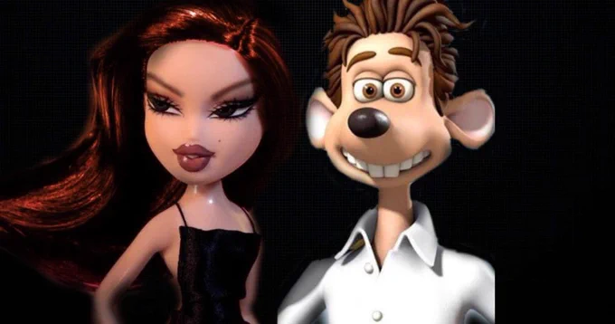 A bratz doll photoshopped to be standing next to the male rat character from the animated movie, Flushed Away 
