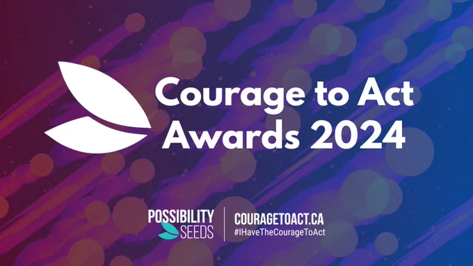 Slide 1: Galactic background in purple and blue with faded comets moving from bottom left to top right. The Possibility Seeds logo in white is followed by white text that says: “Courage to Act Awards 2024”. The Possibility Seeds and Courage to Act logos are in the bottom centre.