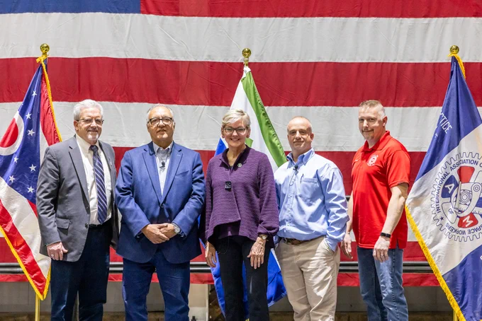 Pictured (left to right) Donnie Blatt, USW--District 1 Director; Lourenco Goncalves, Cleveland-Cliffs Chairman, President and CEO; Sec. Jennifer Granholm, Department of Energy; Jamie Sychak, President, UAW Local 3303; and Shawn Coffey, IAM Union President