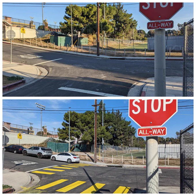 Top: an intersection without crosswalks. Bottom: the same intersection with two painted yellow crosswalks. 